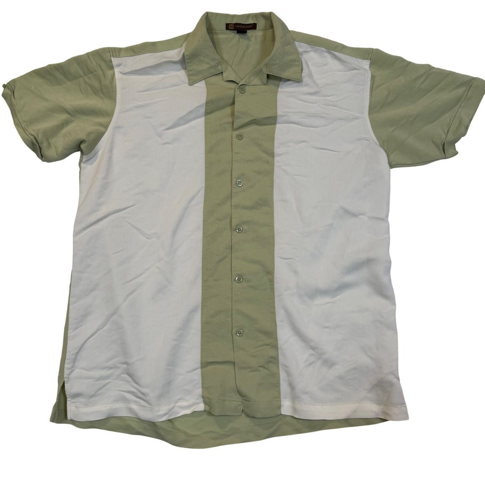 Harriton Mens XL Bowling Shirt Sage Green White Colorblock Camp Collar M575
